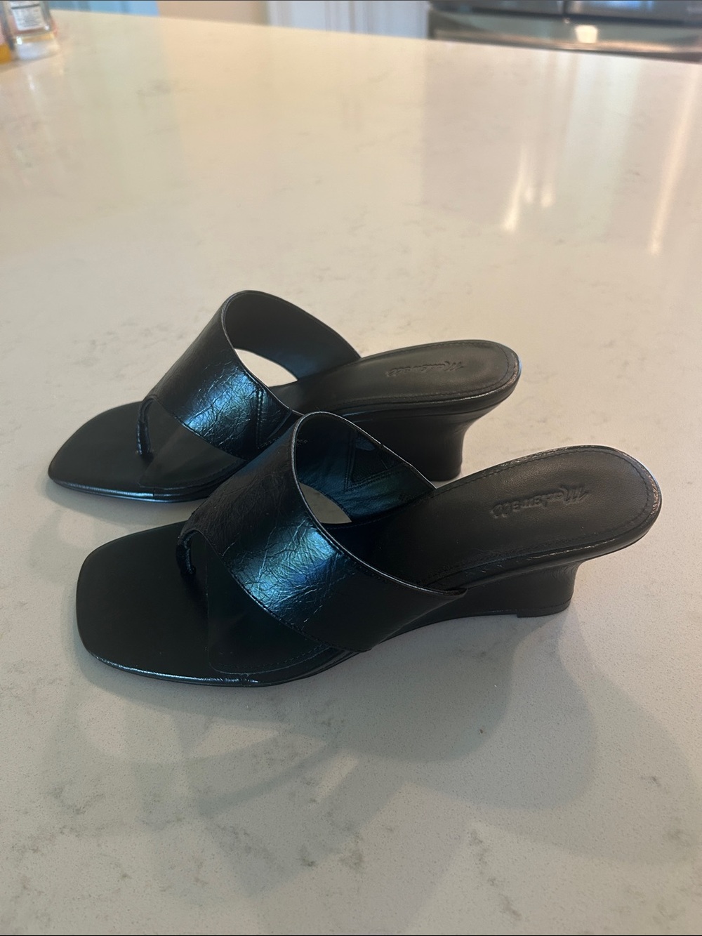 Women's Black Leather Open-Toe Mule Heels